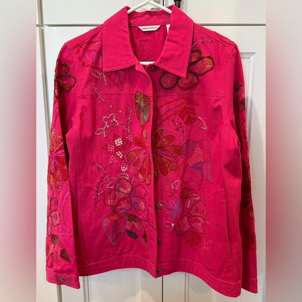 Vintage Laura Ashley Vibrant Pink Embroidered Jean Jacket Tag M but fit is L XL